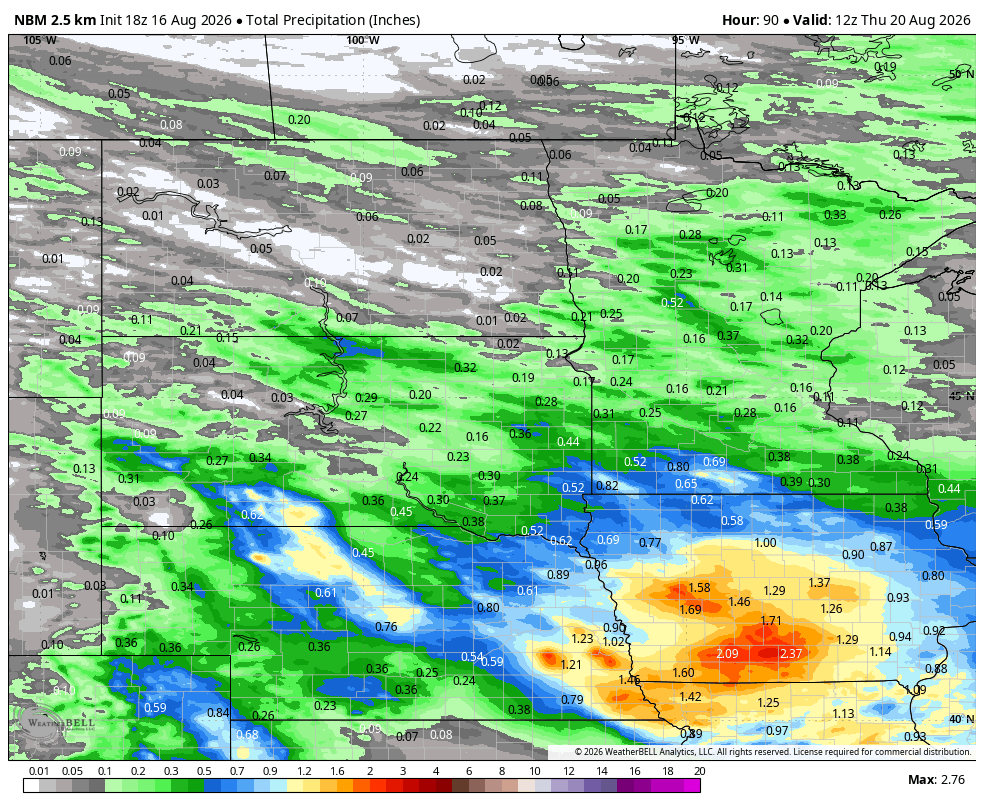 Total precipitation forecast through Thursday 7a.m.- National Blend of Models
