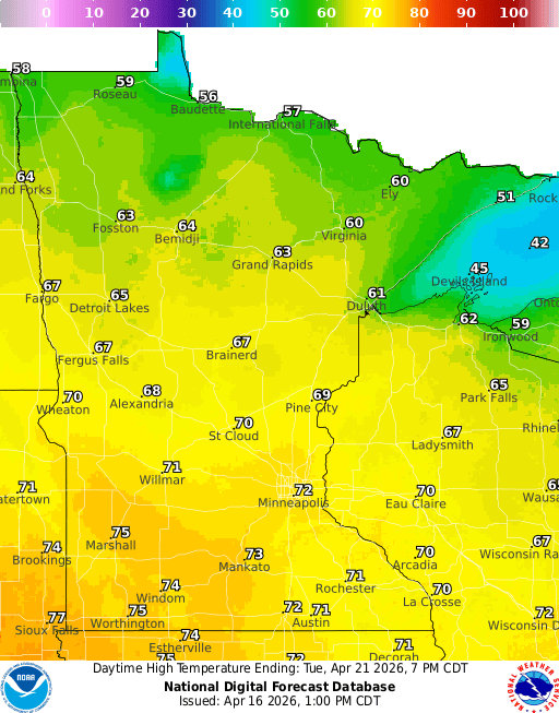 Forecast high temperatures Tuesday