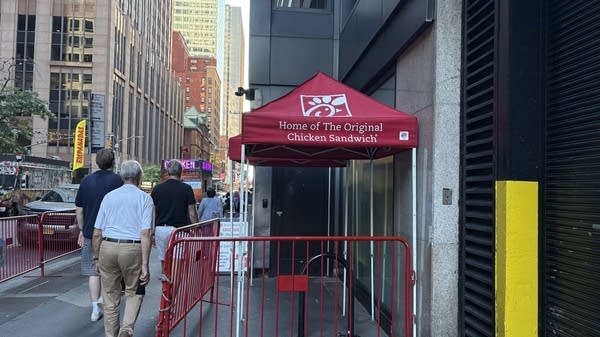 Outside a Chick-fil-A near Times Square, the fast-food restaurant still insists their chicken sandwich is the original. That claim sparked the famed chicken wars of 2019. 