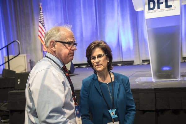 Tim Walz and Rebecca Otto speak together at the DFL convention.