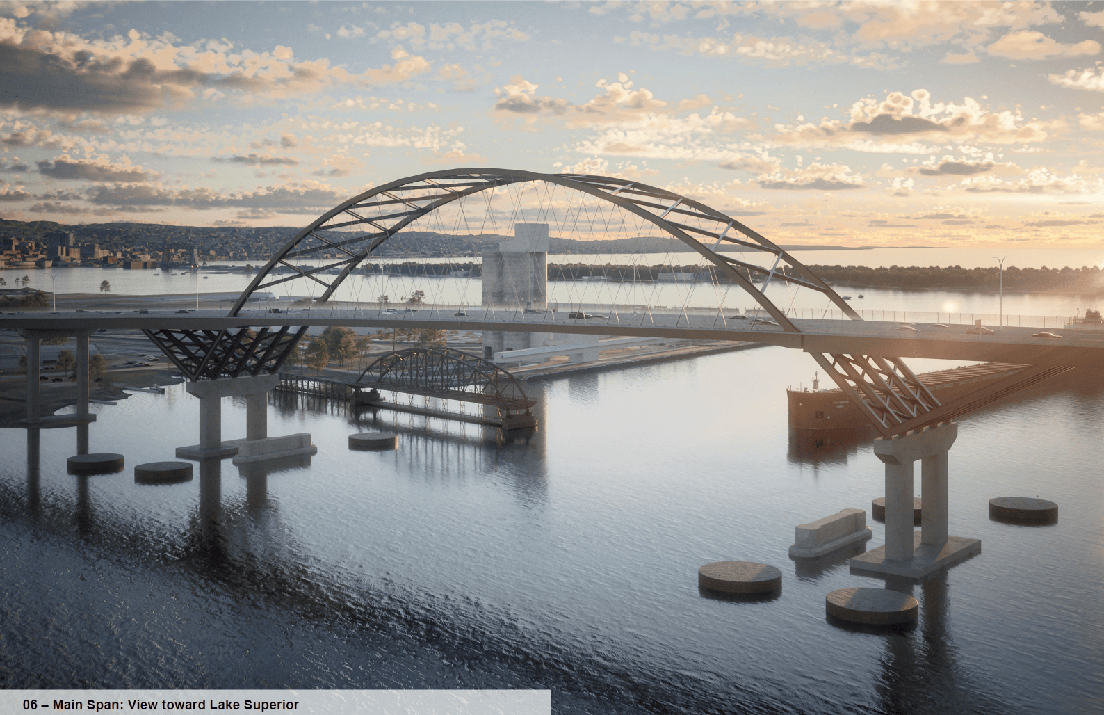 Rendering of a bridge over water at sunset.
