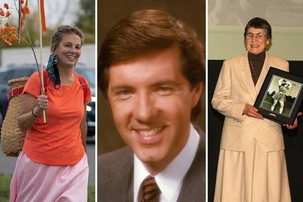 Three photos. One woman wearing an orange shirt, a man in a profile photo, a woman holding a black and white photograph.