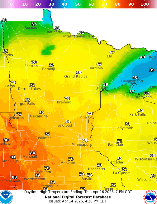 Forecast high temperatures Thursday