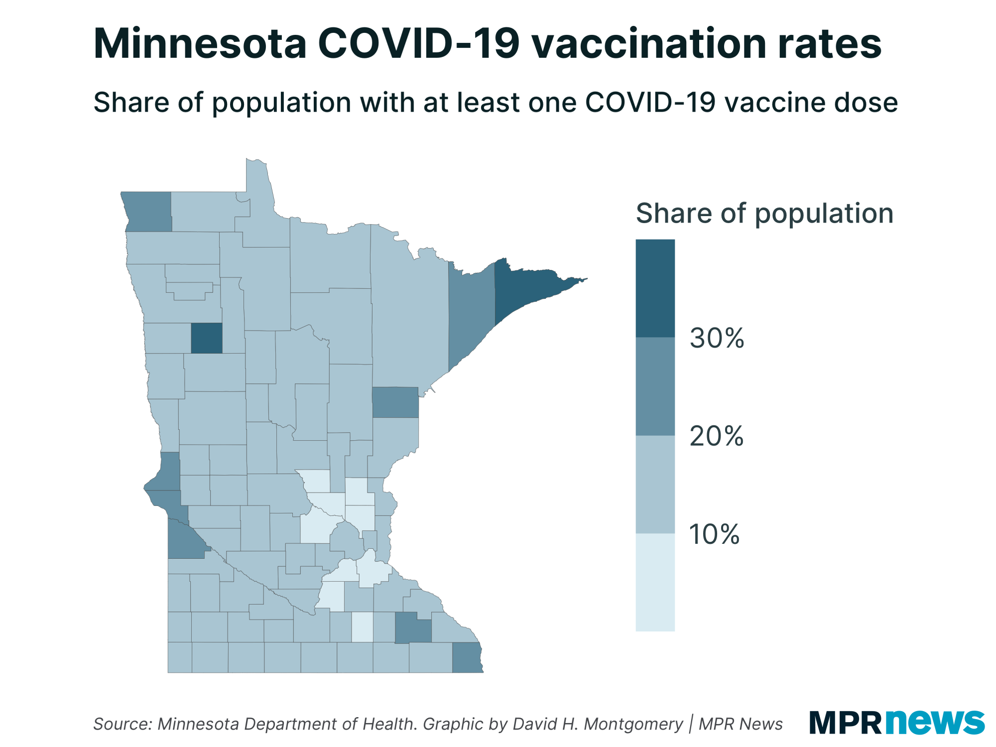 Minnesota COVID-19 vaccination rates per county.