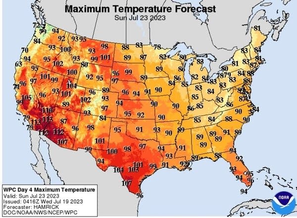 Forecast high temperatures for Sunday
