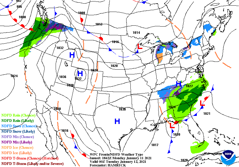 Surface weather maps through Wednesday