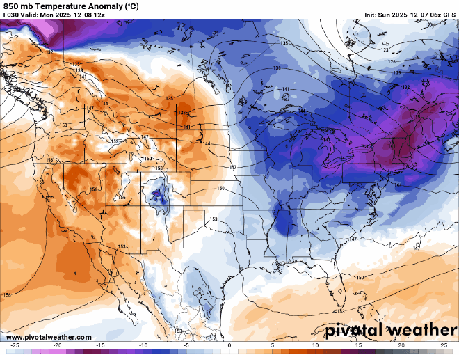 850 millibar temperature anomalies for Monday through Friday