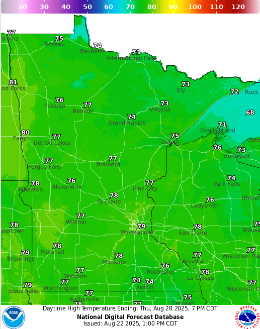 Forecast high temperatures Thursday