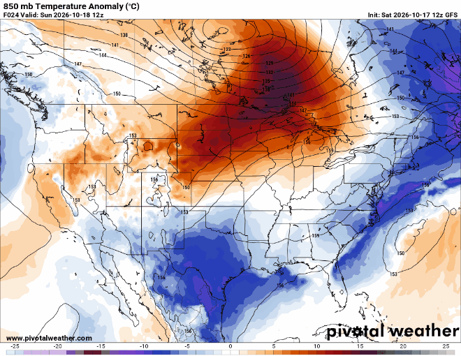 850 millibar temperature anomalies for Sunday through Friday