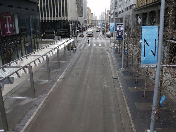 Nicollet Mall is almost deserted amid COVID-19 outbreak.