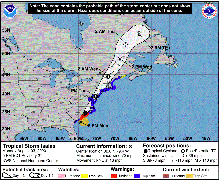 Forecast storm track and warnings for Tropical Storm Isaias