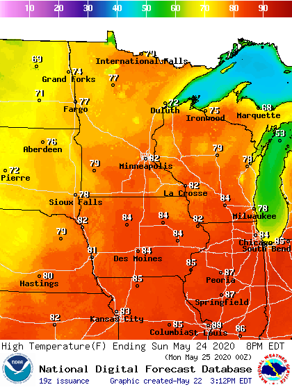 Forecast high temperatures Sunday