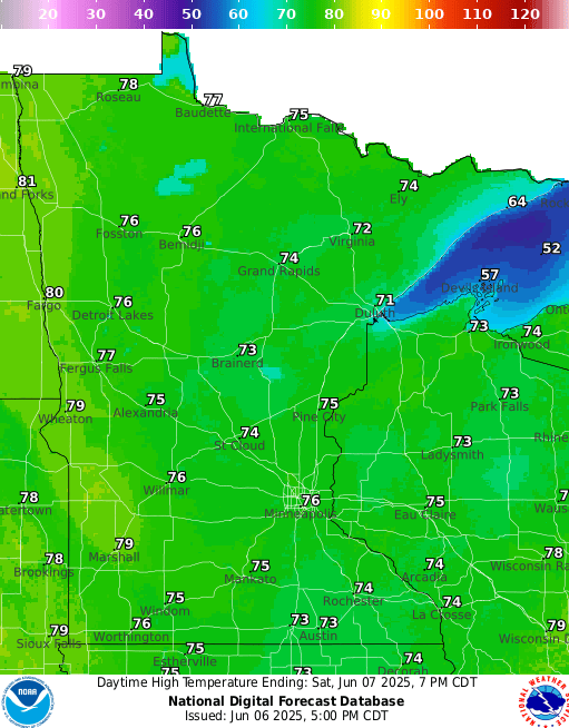 Forecast high temperatures Saturday
