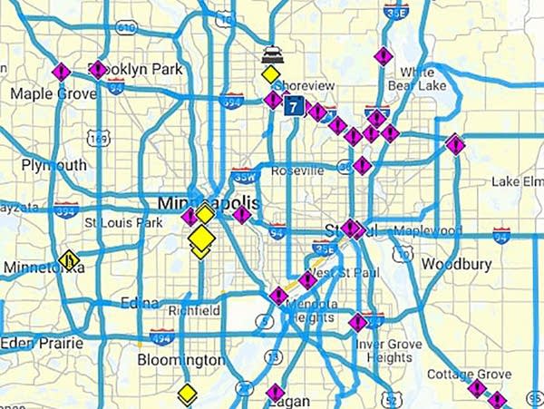 A Minnesota Department of Transportation map showing crashes