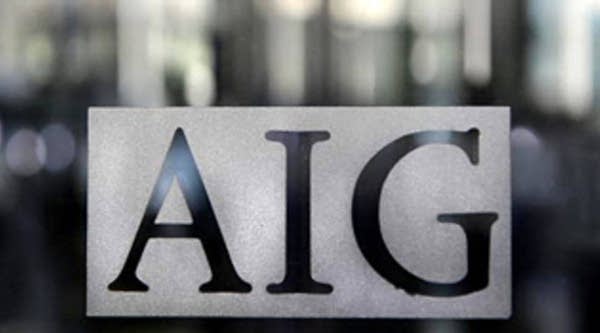 Logo of insurer American International Group Inc. on a window at the company's office in lower Manhattan