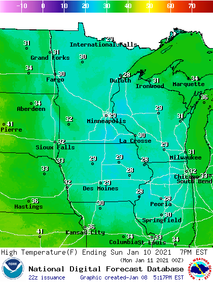 Forecast high temperatures Sunday
