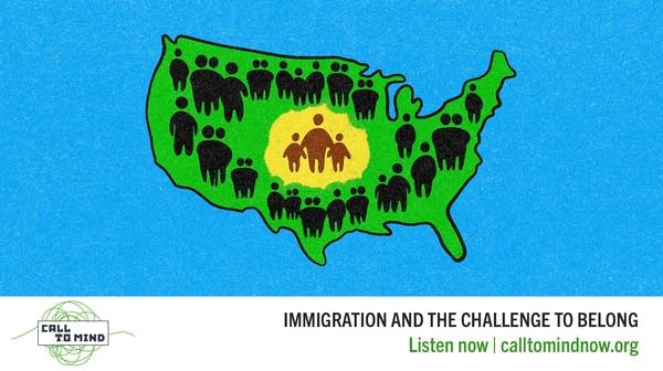 An illustration showing a family surrounded but separated from others inside a map of the United States.