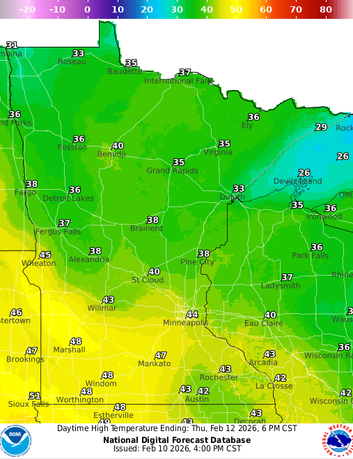 Forecast high temperatures Thursday