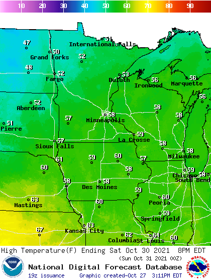 Forecast high temperatures Saturday