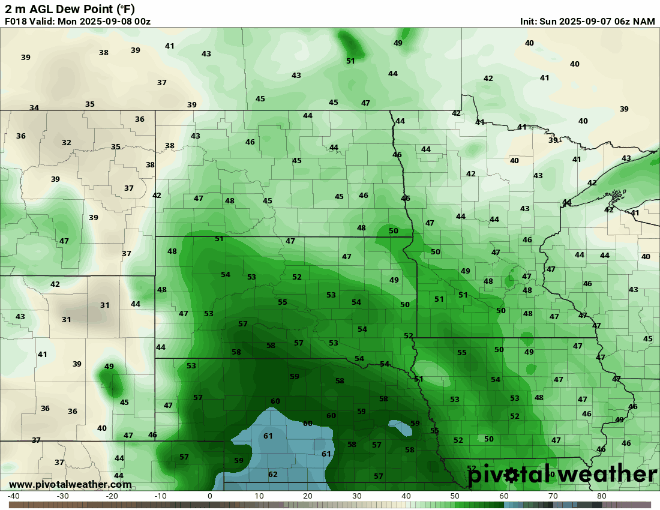 Dew points Sunday 7 p.m. to Monday 7 p.m. 