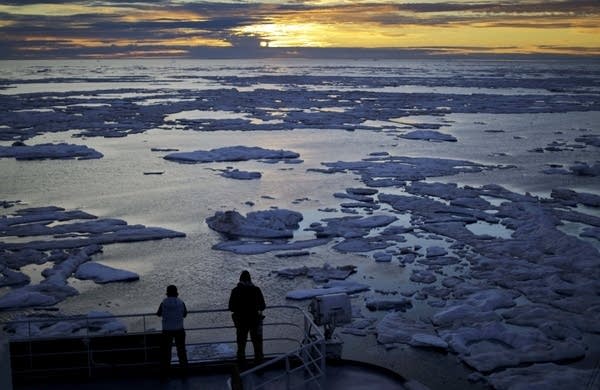 Sun sets over sea ice in the Victoria Strait along the Northwest Passage 