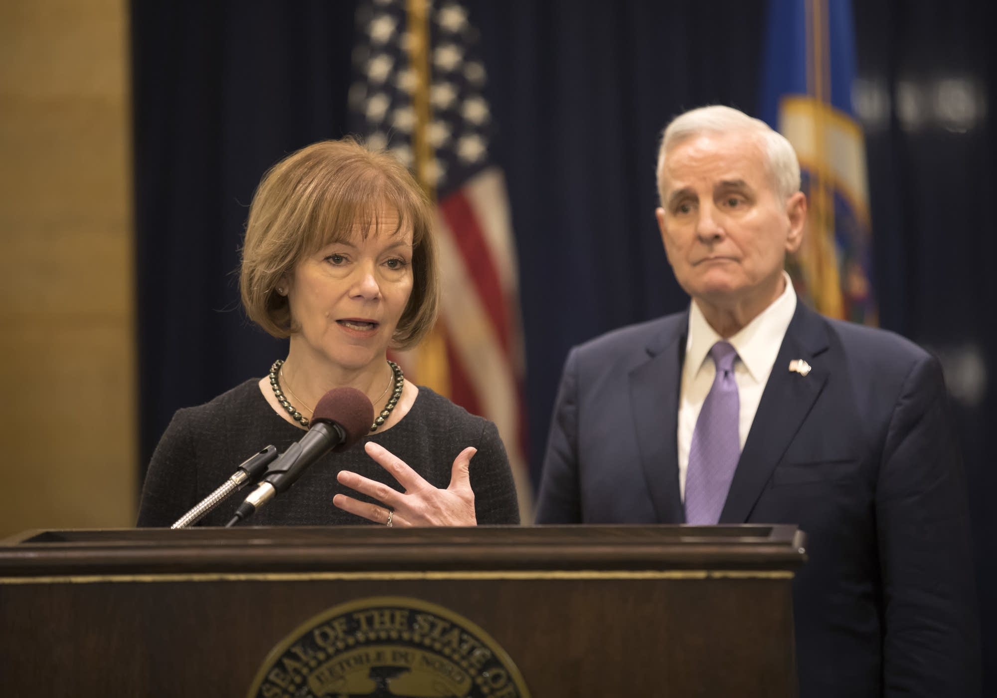 Lt. Gov. Tina Smith speaks to the media after being named to the Senate.