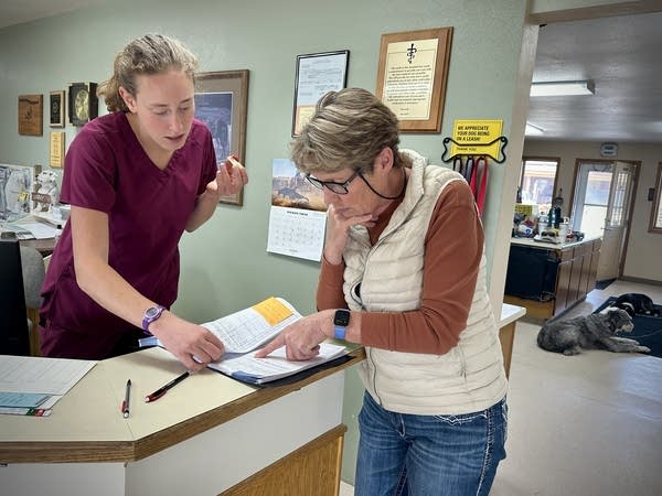 Two women look over a paper schedule. Two dogs lie in the background.