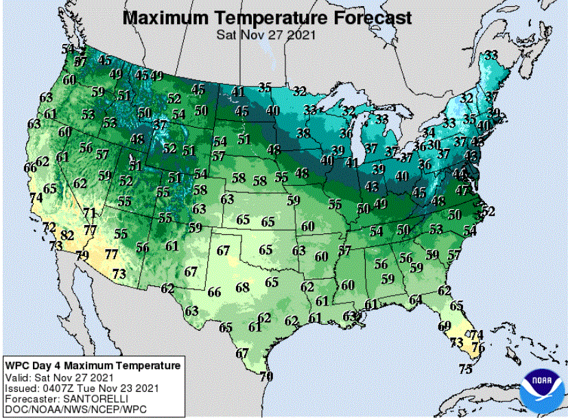 Forecast high temperatures for Saturday