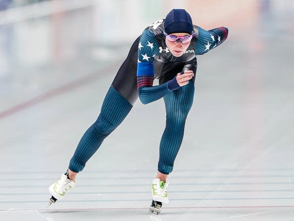 A speed skater competes in a race