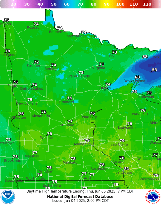 Forecast high temperatures Thursday