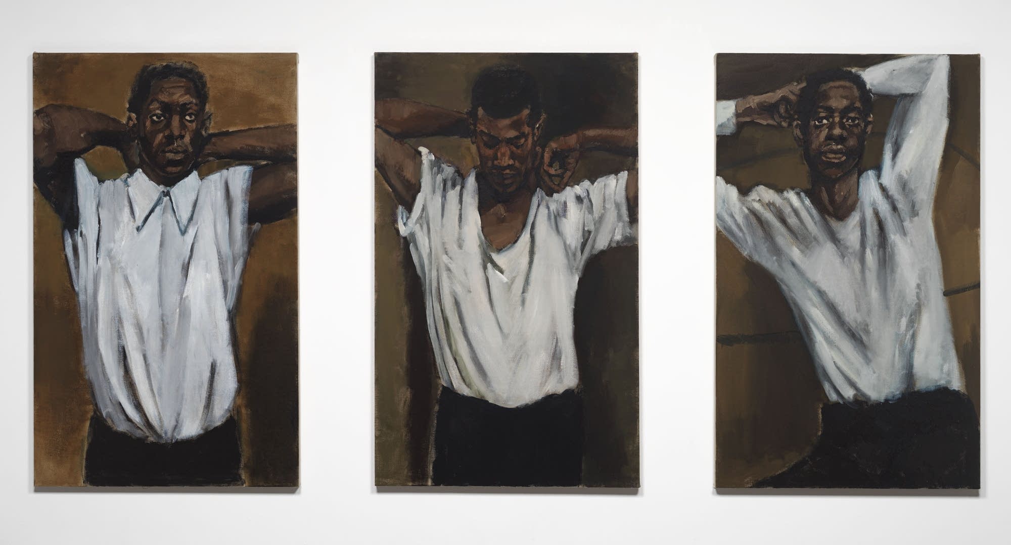Lynette Yiadom-Boakye's triptych of paintings "Shelves for Dynamite."