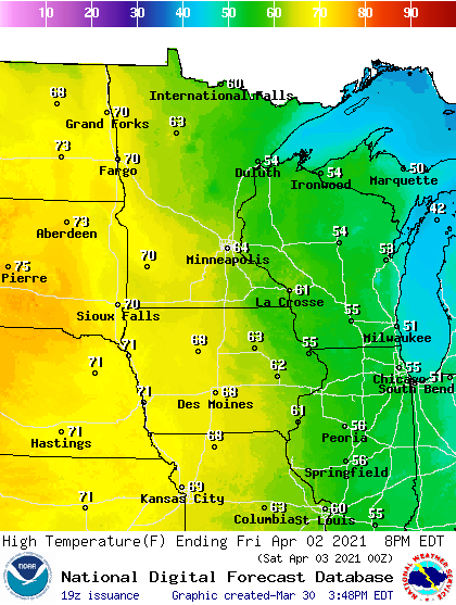 Forecast high temperatures Friday