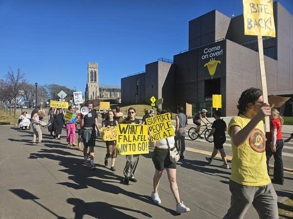 Workers protest outside of the Walker Arts Center.