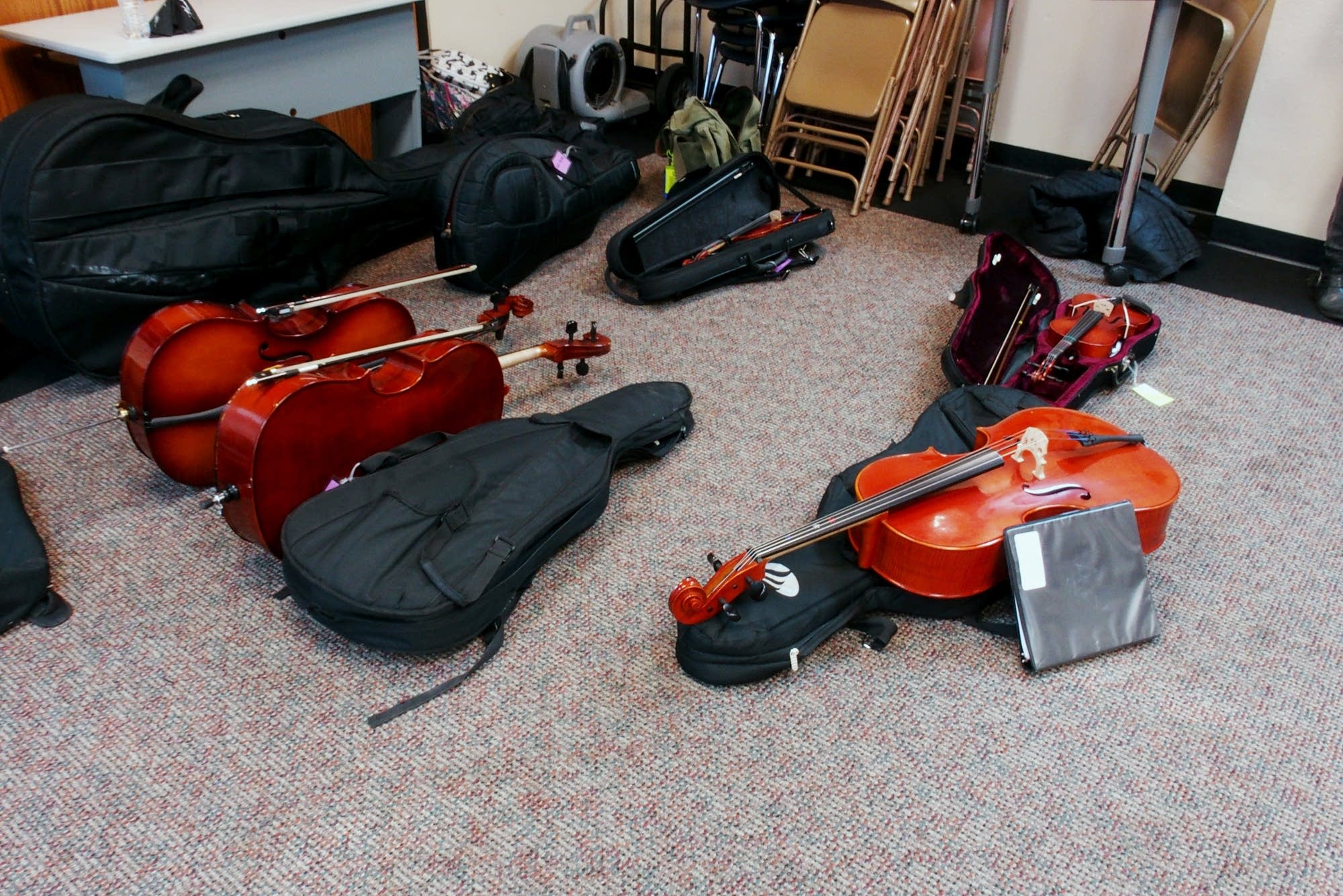 Students instruments await their owners at Ascension Catholic School