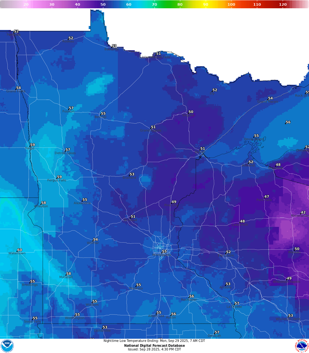 Lows for Sunday night