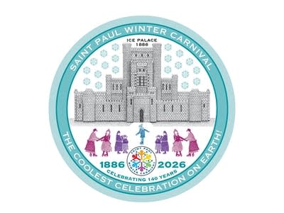 A circular illustration of the 1886 Ice Palace with a turquoise border.