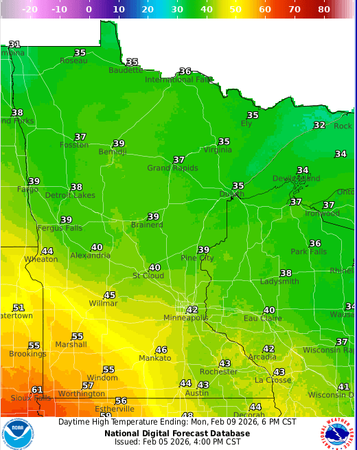 Forecast high temperatures Monday