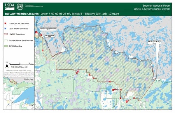 A map shows closed access points for the BWCAW.