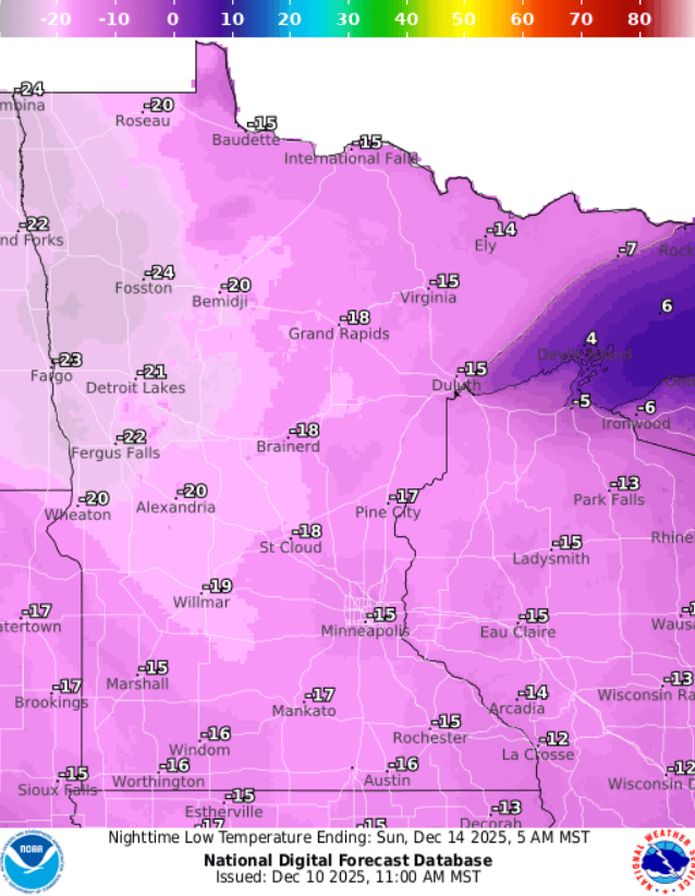 Forecast low temperatures Sunday