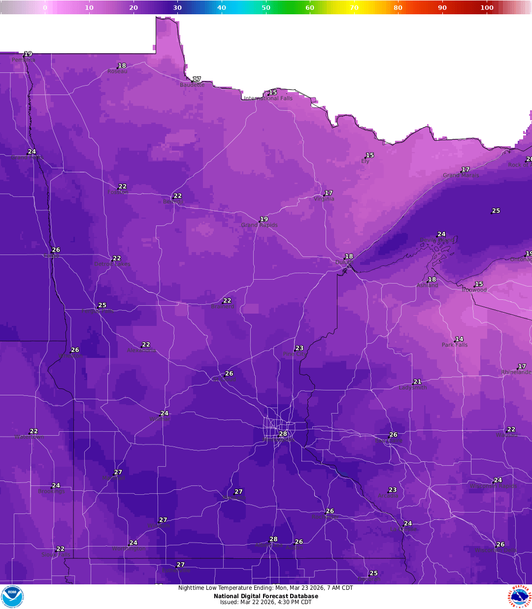 Lows for Sunday night
