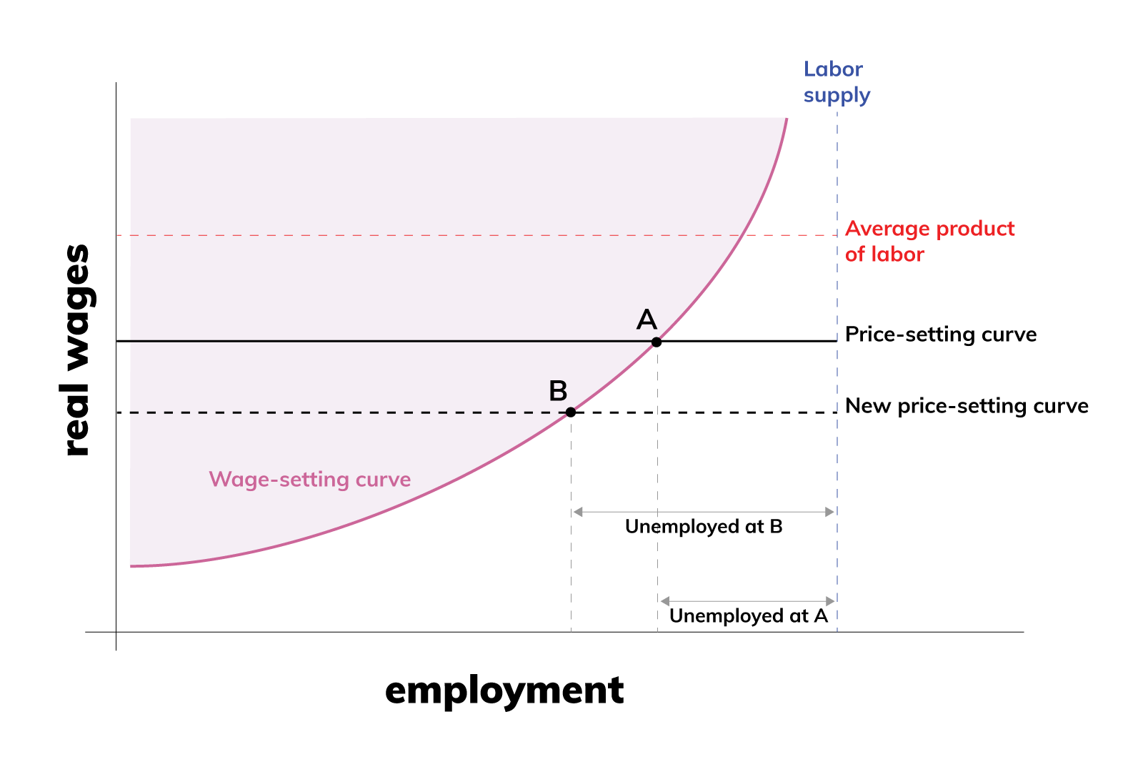A chart shows the wage-setting curve and price-setting curve. The x-axis is labeled “employment.” The y-axis is labeled “real wages.” A curve, labeled “wage-setting curve,” slopes upward to the right, indicating real wages increase as employment increases. A horizontal line, labeled “price-setting…