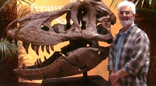 The skull of "Samson" at the Bohmans and Butterfields auction. The 66-million-year-old Tyrannosaurus Rex is the third most complete T-Rex skeleton in the world, and is the only one to have been found without a crushed skull. Samson was being stored in a warehouse on the East Coast. The estimated price was between $6-10 million. Bidding reached $3.6 million, but that wasn't enough to reach the minimum required by the seller.

Pictured in full view: Collector William Barker stands with Samson's skull. Barker helped assemble Samson at the Venetian.