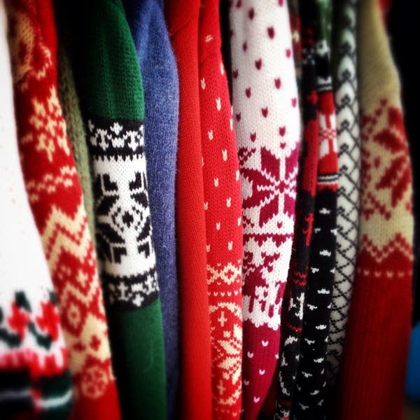 Sweaters at the Ugly Sweater Shop pop up shop at the Deep Ellum Market in Dallas, Texas.
