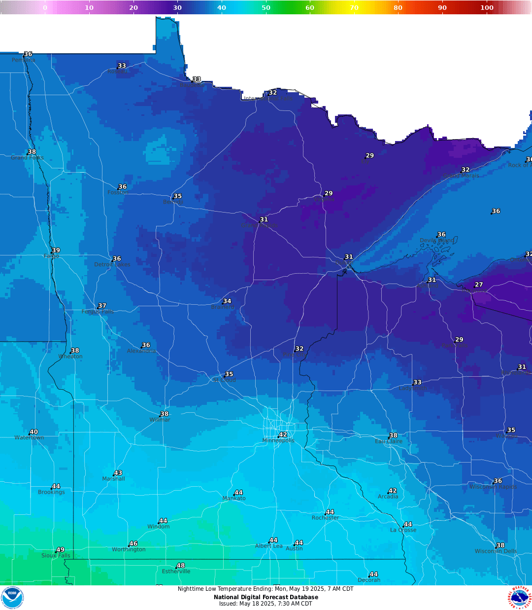Lows for Sunday night