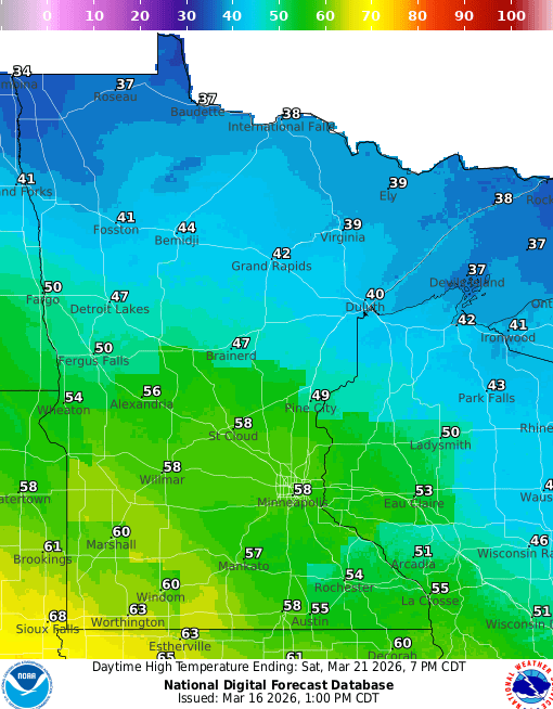 Forecast high temperatures Saturday