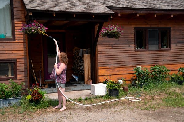 a person watering flowers