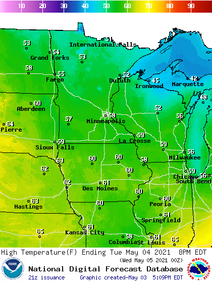 Forecast high temperatures Tuesday