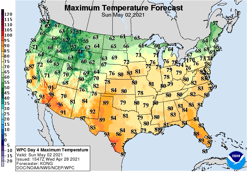 Forecast high temperatures Sunday