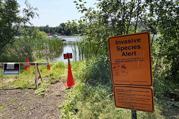 Orange sign alerting presence of invasive species
