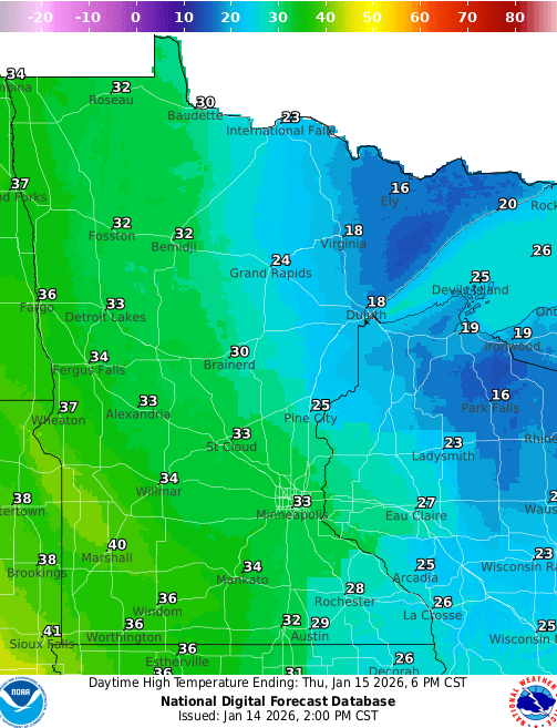 Forecast high temperatures Thursday